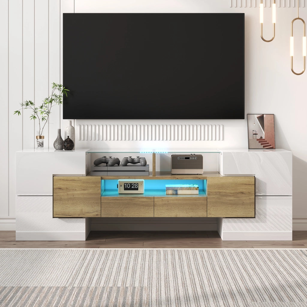 Mobile TV LED con 6 ante, 2 cassetti e 3 vani, finitura bianco lucido e oro, moderno, per soggiorno, 145 × 30 × 51 cm