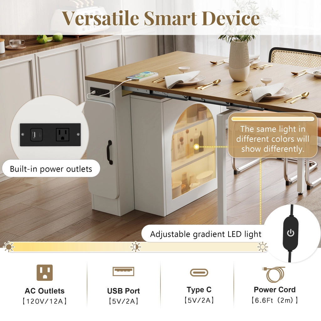 Tavolo allungabile con tre piani; ruote nascoste; prese USB e Type-C; MDF; naturale e bianco