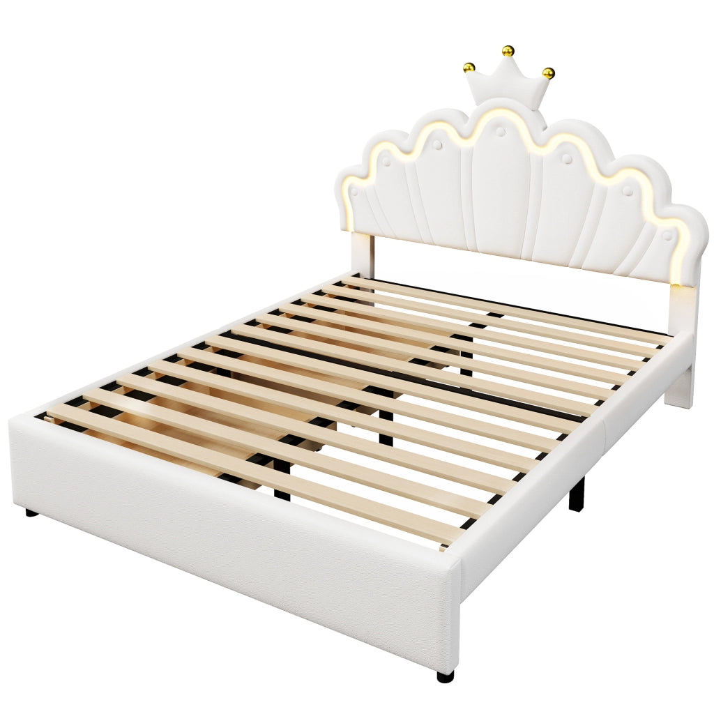 Letto matrimoniale Princess imbottito 140x200cm con 2 cassetti e forma di corona in PU bianco