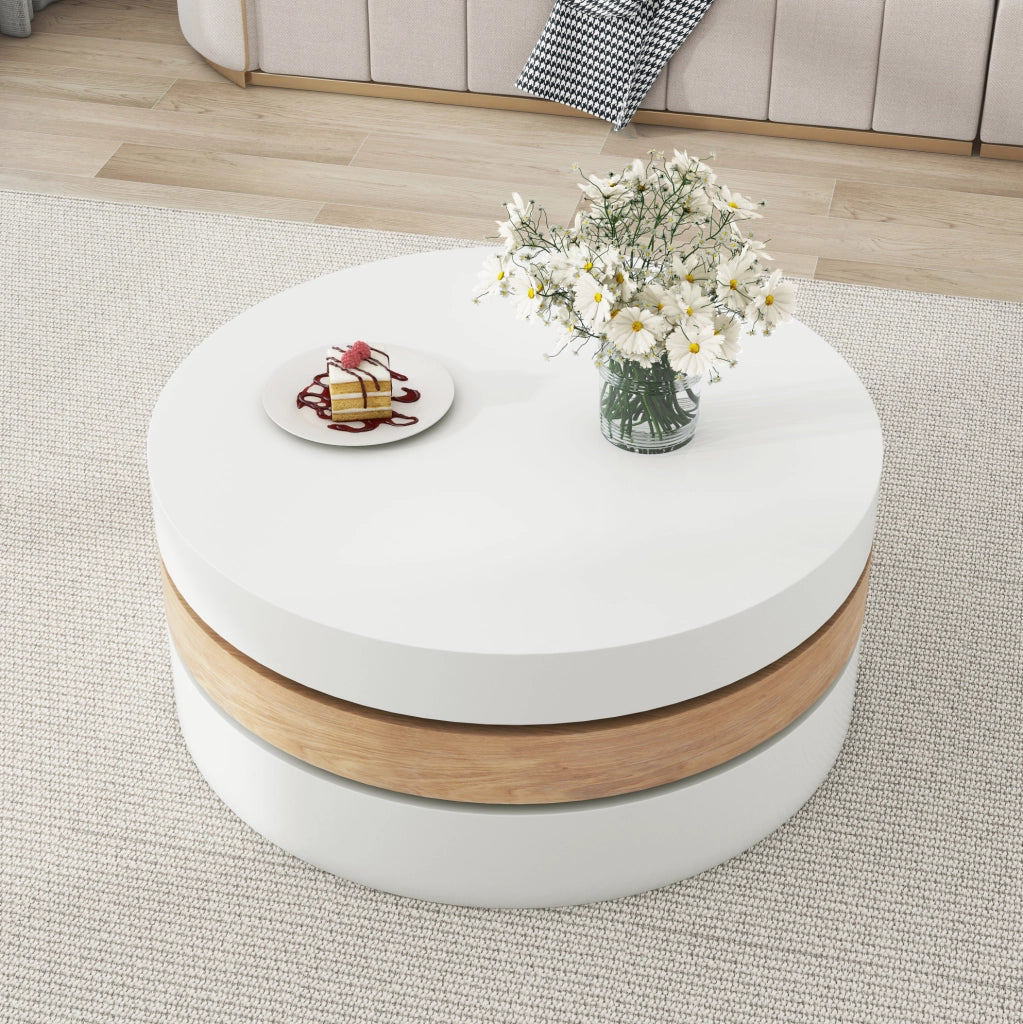Tavolino da salotto rotondo girevole 360° 60x60 cm con vano contenitore bianco e legno naturale HOMVRA