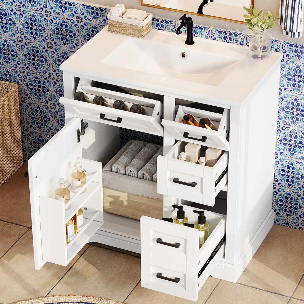 Mobiletto con lavabo integrato a terra con 4 cassetti e anta soft-close in ceramica e MDF bianco 76 × 47 × 82 cm