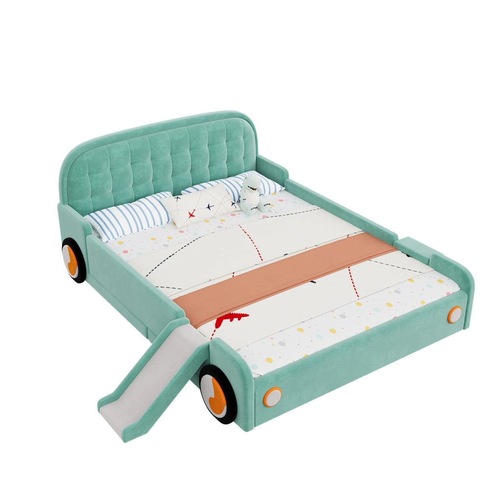 Letto per bambini a forma di auto con scivolo e scala 140x200 cm in velluto blu verde