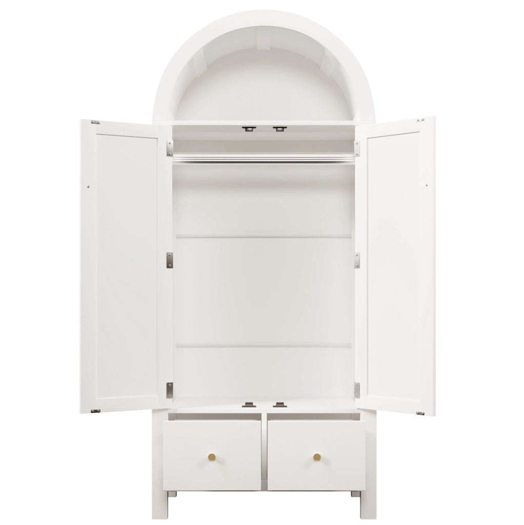 Armadio bianco 181x78x45 cm in MDF con intreccio in rattan, stile country, 2 ante con chiusura magnetica, 2 cassetti, barra appendiabiti e sicurezza anti-ribaltamento