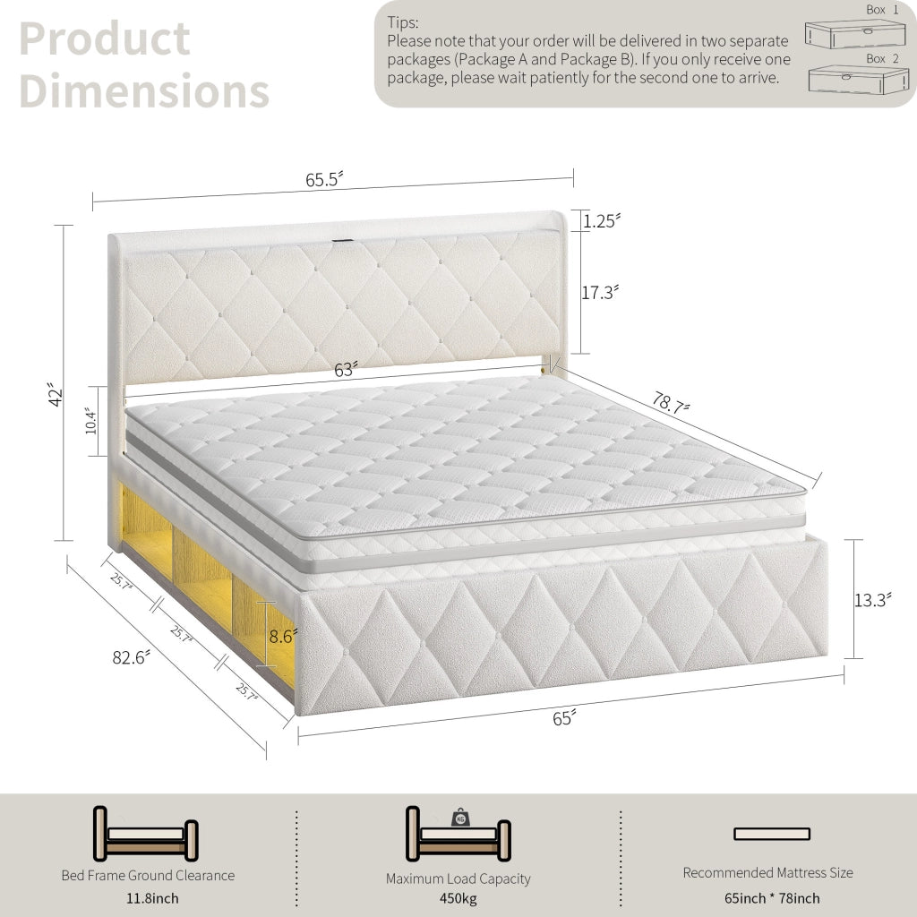 Letto imbottito 160 × 200 cm con testiera a orecchie; USB; prese e LED sottoletto in tessuto teddy bianco