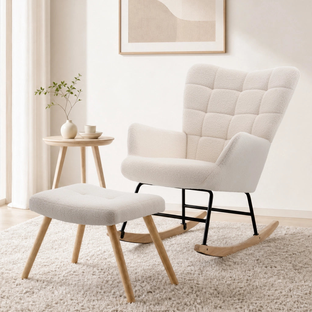 Sedia a dondolo 91x61x88 cm con poggiapiedi in lana d'agnello beige