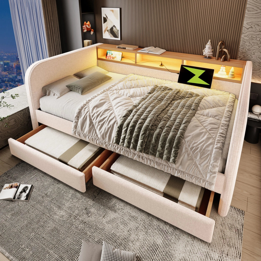 Letto imbottito 140 ¡Á 190 cm con testiera LED porte USB e Type-C due cassetti in lino beige chiaro senza materasso