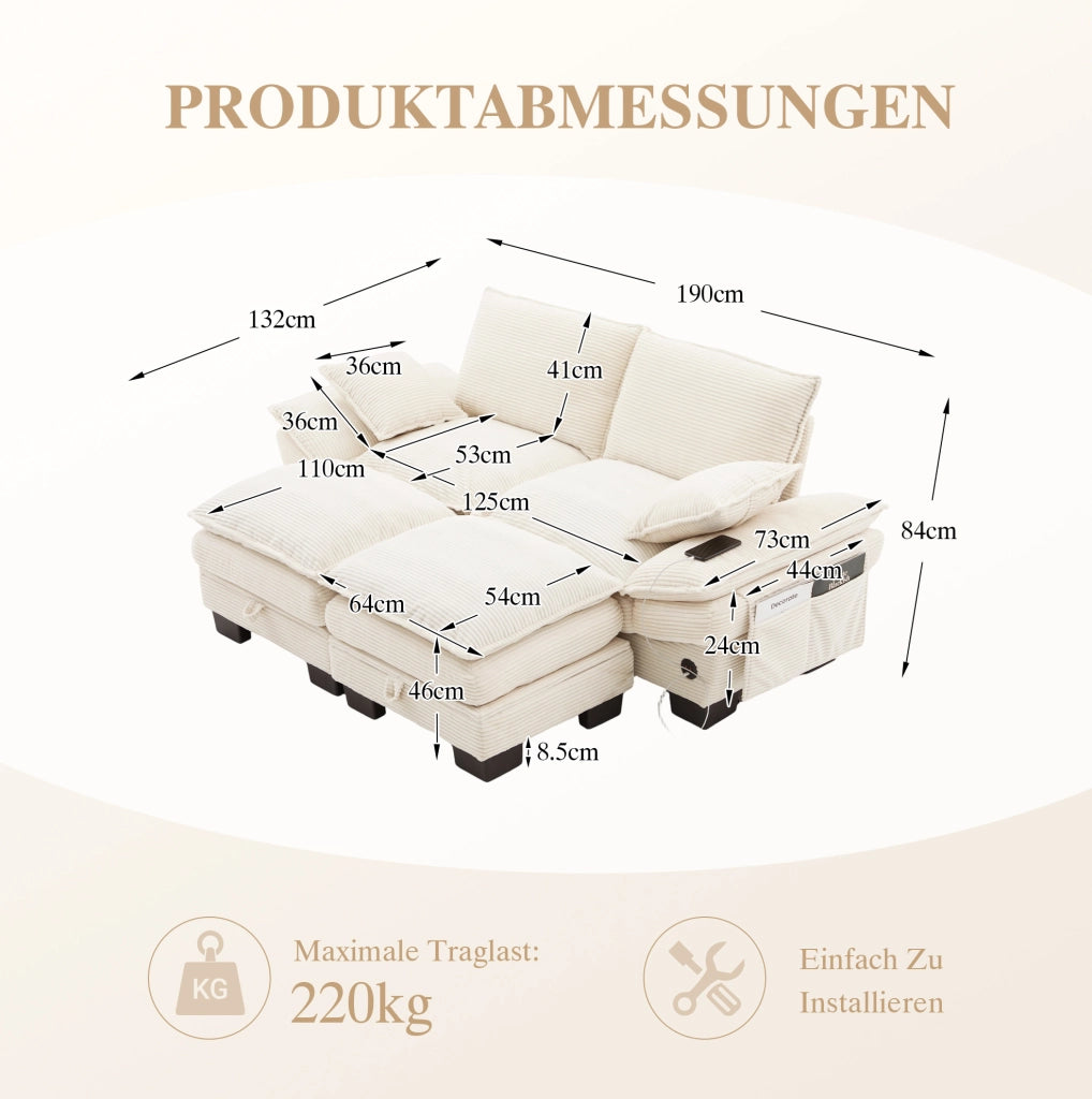 Sofa modulare 2 posti in corduroy con 2 pouf; USB-C; beige; 190x132x84 cm