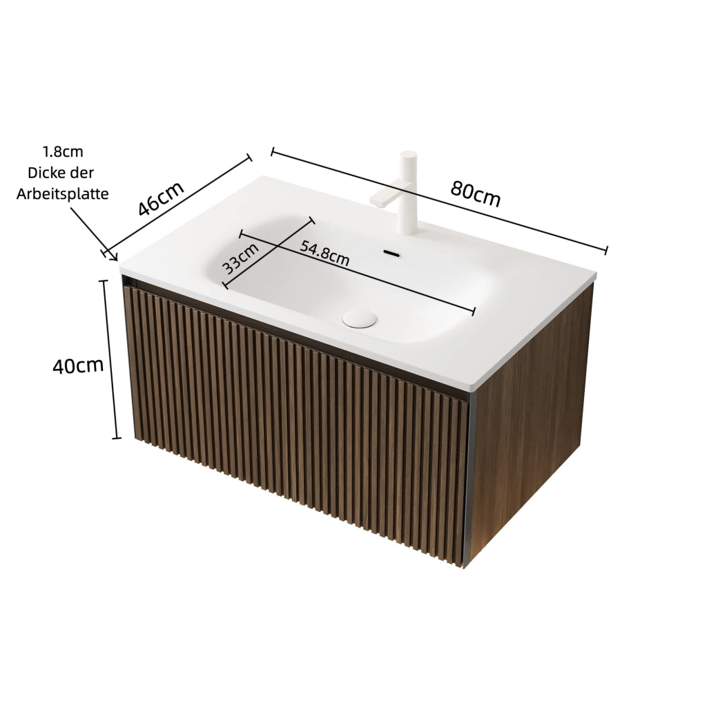 Mobile bagno sospeso con lavabo integrato in resina; cassetto soft-close; rovere marrone e bianco