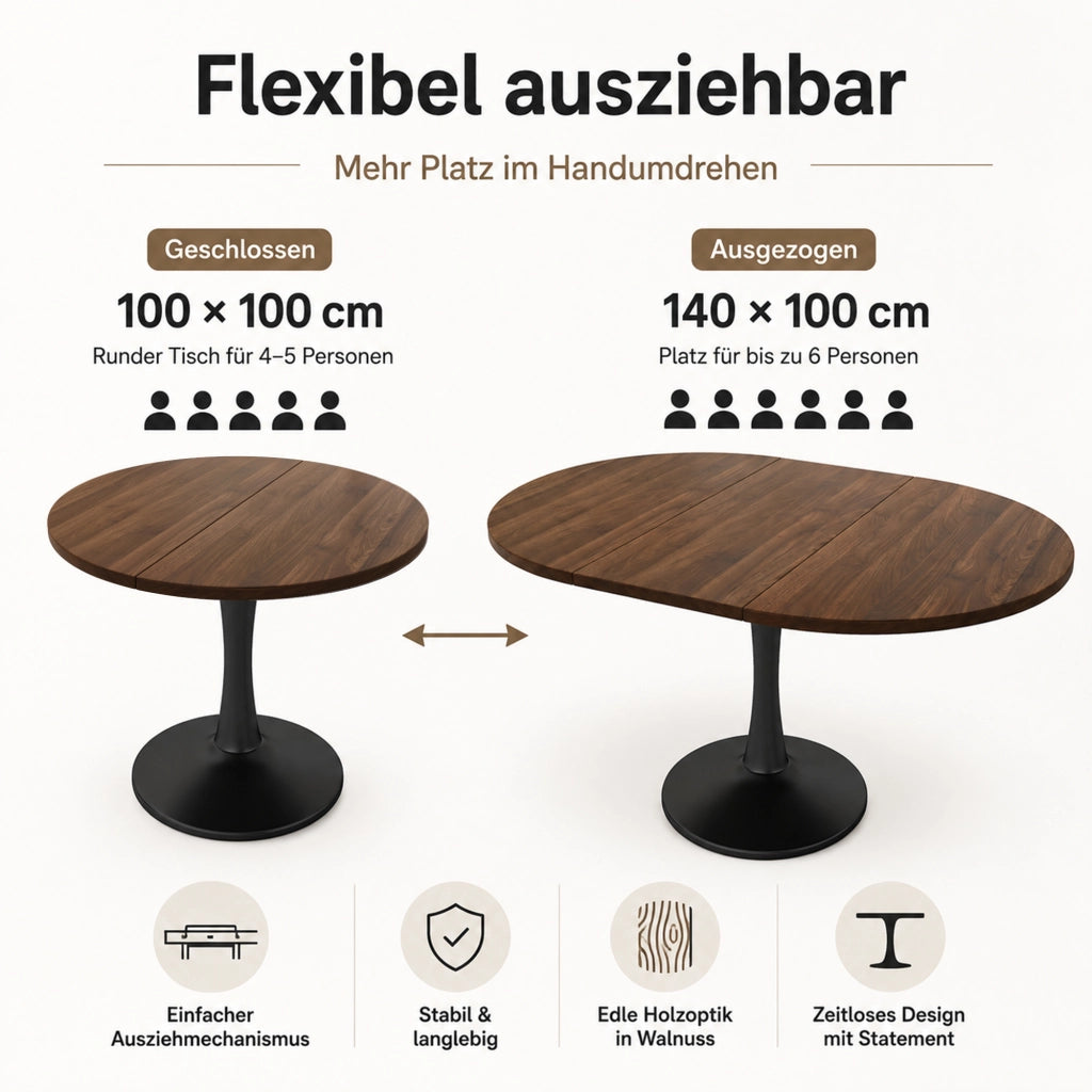 Tavolo da pranzo allungabile ovale in MDF color noce per pranzi e momenti di relax 100/140 × 100 × 75 cm