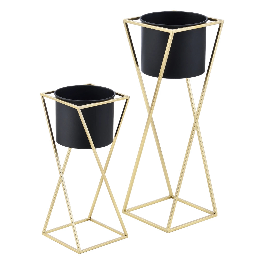 Set di 2 Portavasi in Metallo Supporto in Color Oro per Piante in 2 Altezze Diverse con Coprivaso Rotondo Nero 2 Portafiori di Design