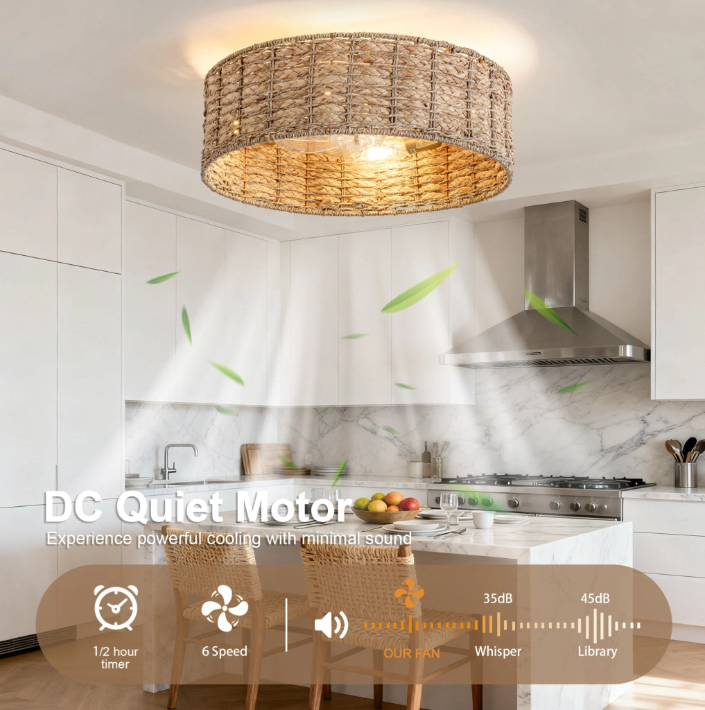 Plafoniera con ventilatore in rattan 53×53×22 cm; 6 velocità; rame