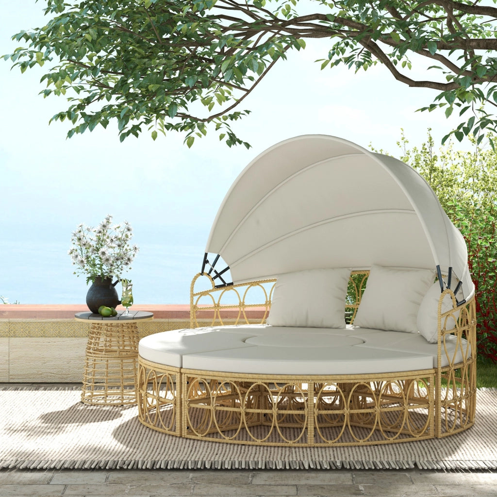 Set mobili da giardino in rattan 4 pezzi con divano 2 posti; tettuccio richiudibile e tavolino; crema