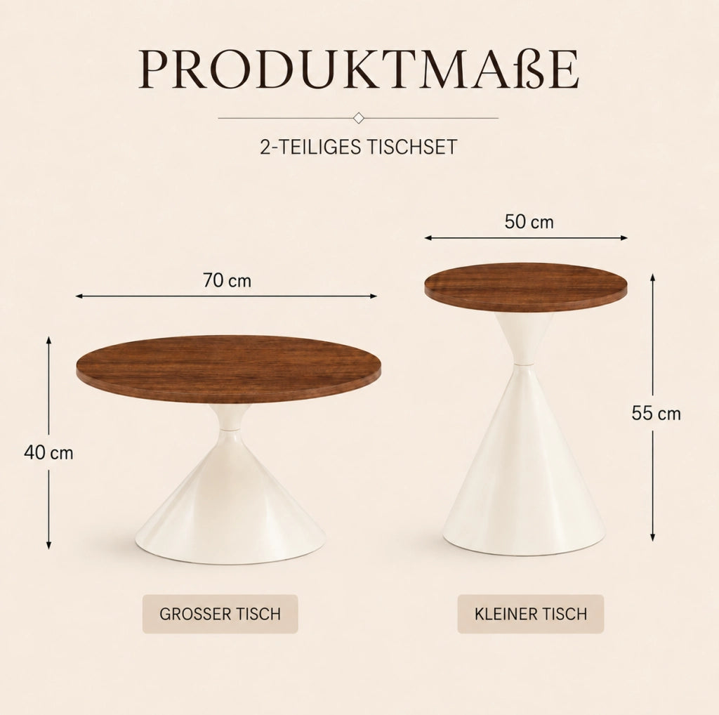 Set di 2 tavoli rotondi, Ø70xH40 cm e Ø50xH50 cm, piano noce caldo e struttura in acciaio color crema per soggiorno e zona notte