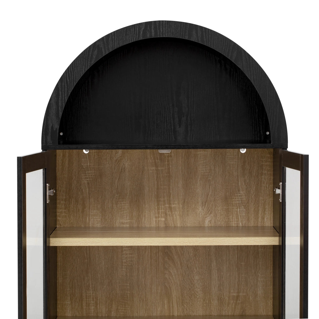 Credenza nera con ante in vetro trasparente; ripiani regolabili e cassetti 76.2 × 40.1 × 180 cm