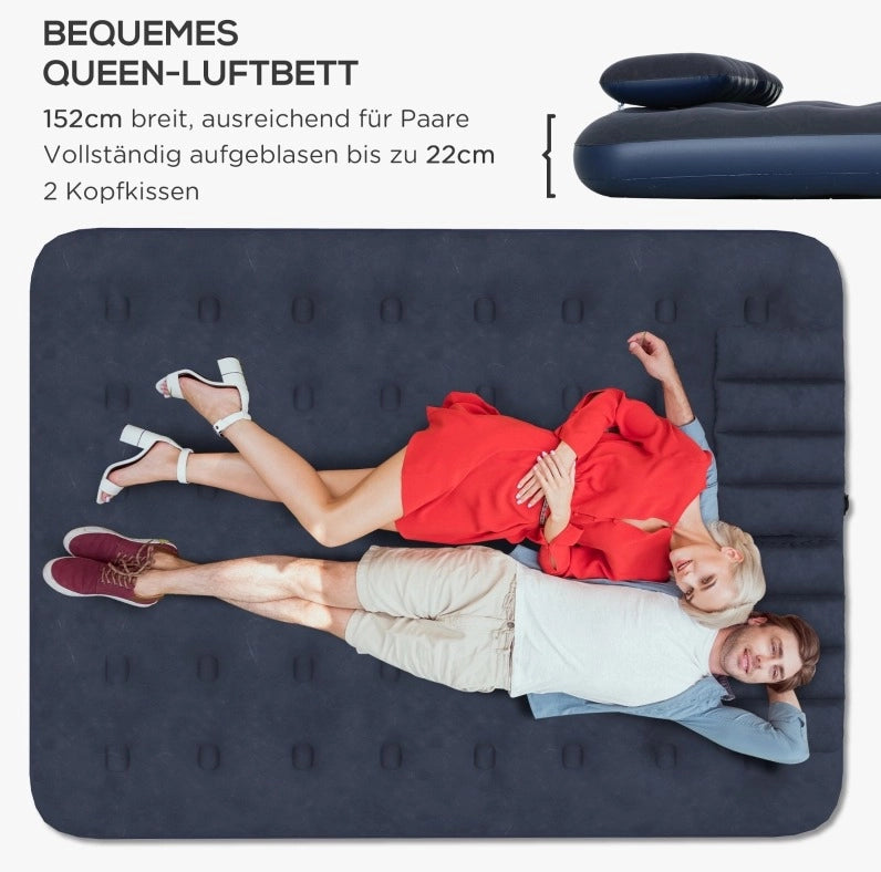 Materasso gonfiabile matrimoniale blu con pompa a mano e cuscini 203x152x22 cm per campeggio e ospiti