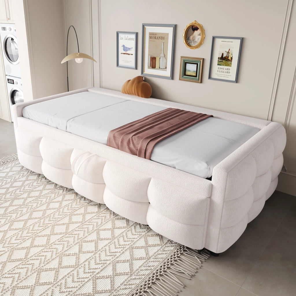 Letto estraibile 90×190 cm e 180×190 cm; 2 posti; imbottito; senza materasso; in tessuto morbido beige