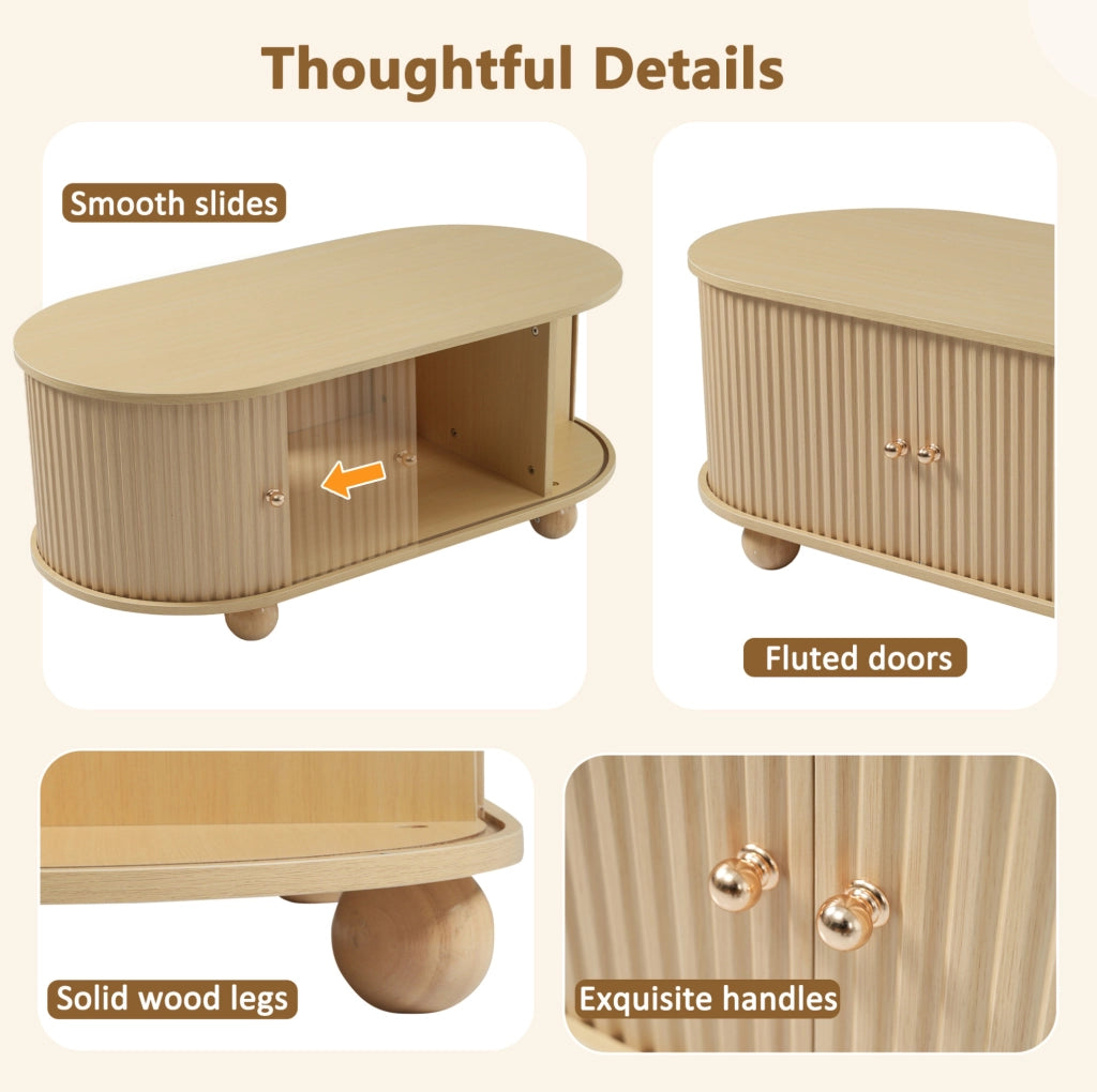 Tavolino da caffè ovale con vano contenitore; ante scorrevoli; 100x50x40 cm; MDF; effetto legno