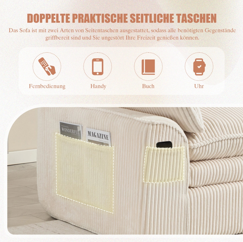 Divano 2 posti in velluto a coste beige con tasche laterali e cuscini