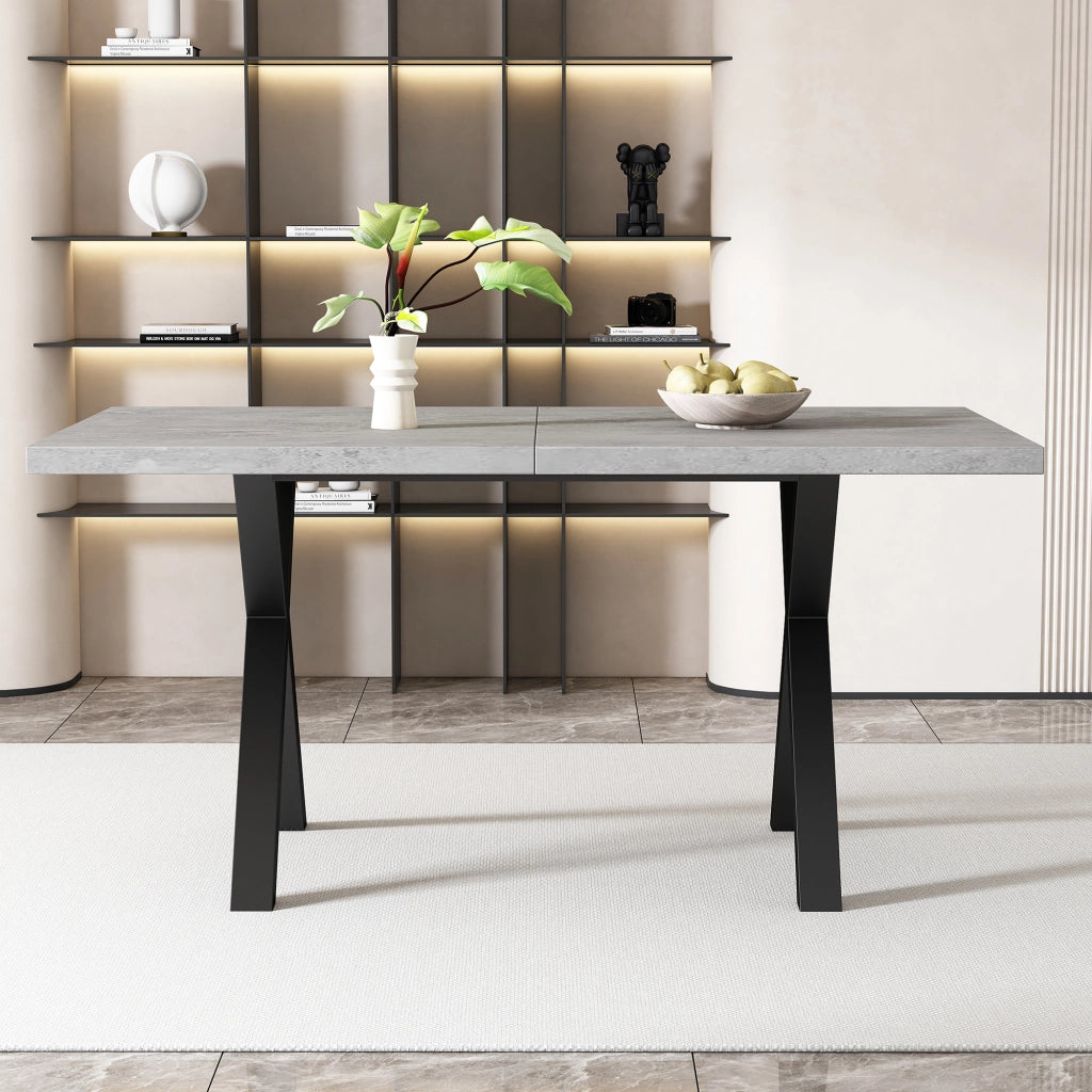 Tavolo da pranzo rettangolare con gambe incrociate in MDF e metallo effetto cemento grigio e nero