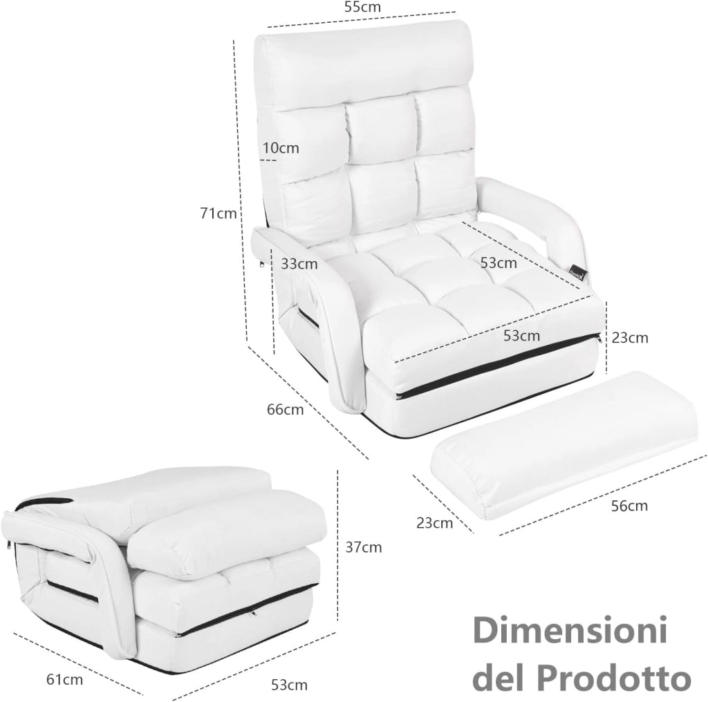 Poltrona Divano con 5 Livelli Regolabili, Sedia da Terra con Braccioli e Cuscino, Struttura in Acciaio, Multifunzione e Pieghevole per Soggiorno Camera da Letto, 55x66x71 cm (Bianco)