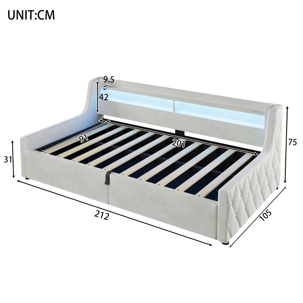 Letto singolo imbottito 90 × 200 cm con vano contenitore LED in velluto bianco sporco senza materasso