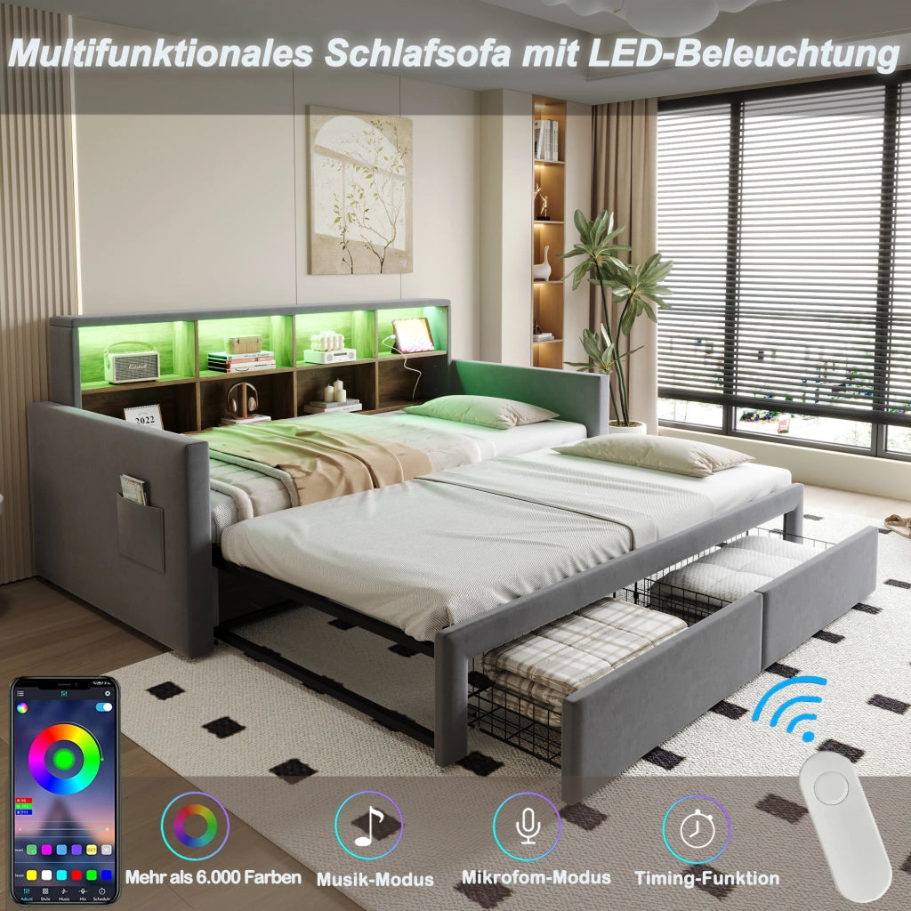 Letto divano 90×190 cm estensibile 180×190 cm con 2 cassetti; LED; USB e presa di tipo C; senza materasso; grigio