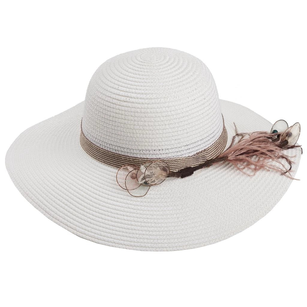 Cappello bianco a tesa larga con elegante decorazione 58