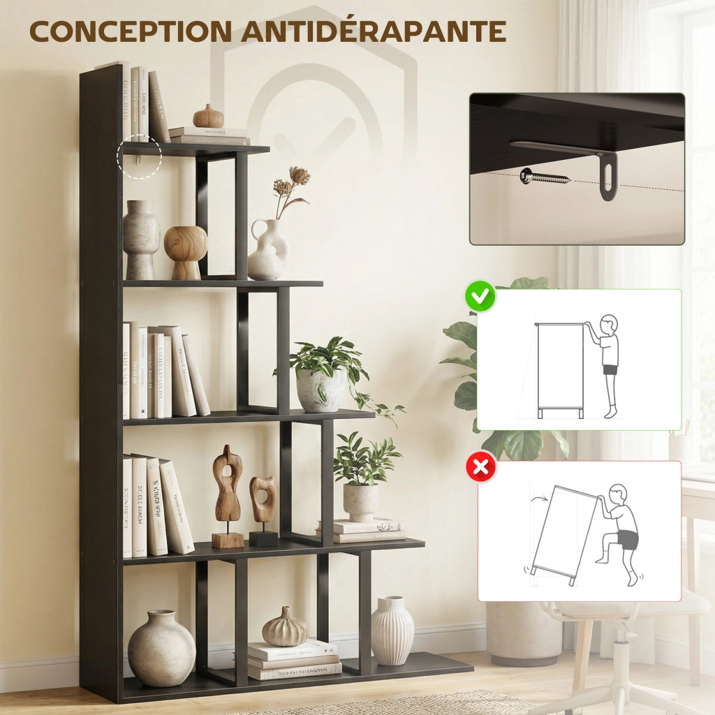 Scaffale libreria a scala 5 ripiani divisorio per ambienti stile industriale robusto e moderno per casa nero 102 x 30 x 160 cm