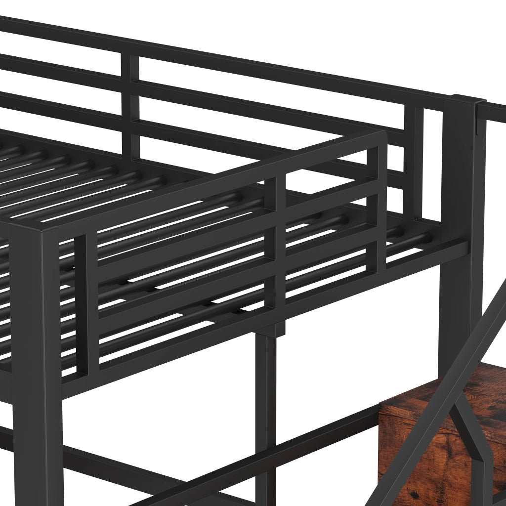 Letto a soppalco 140x200 cm con LED; scala con contenitore e ripiani; metallo e MDF nero