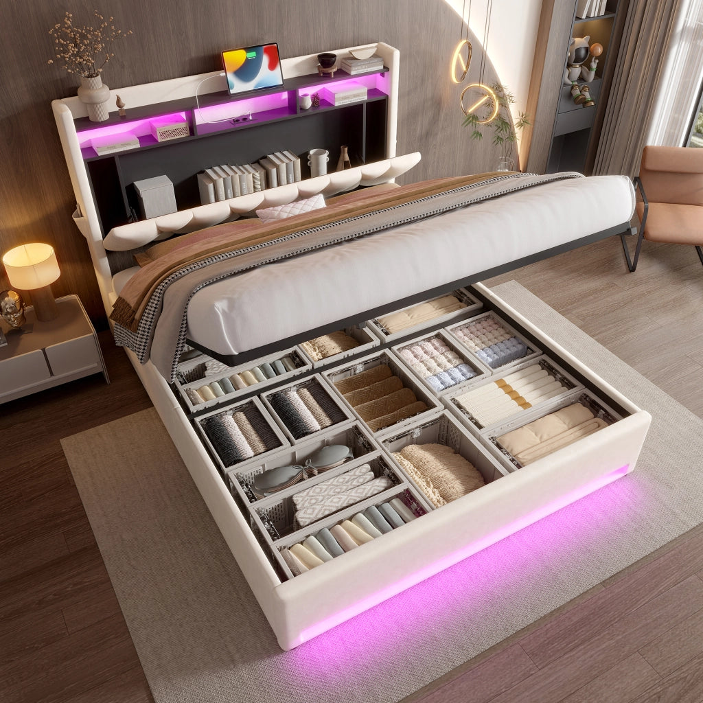 Letto matrimoniale 160x200 imbottito in velluto beige con testiera contenitore e luci LED