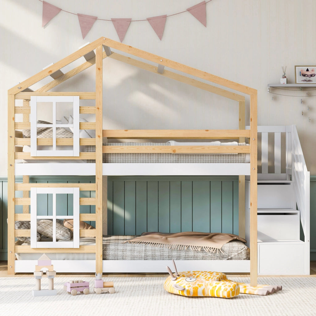 Letto a castello con funzione di contenitore in legno massello e MDF naturale e bianco 90x200 cm