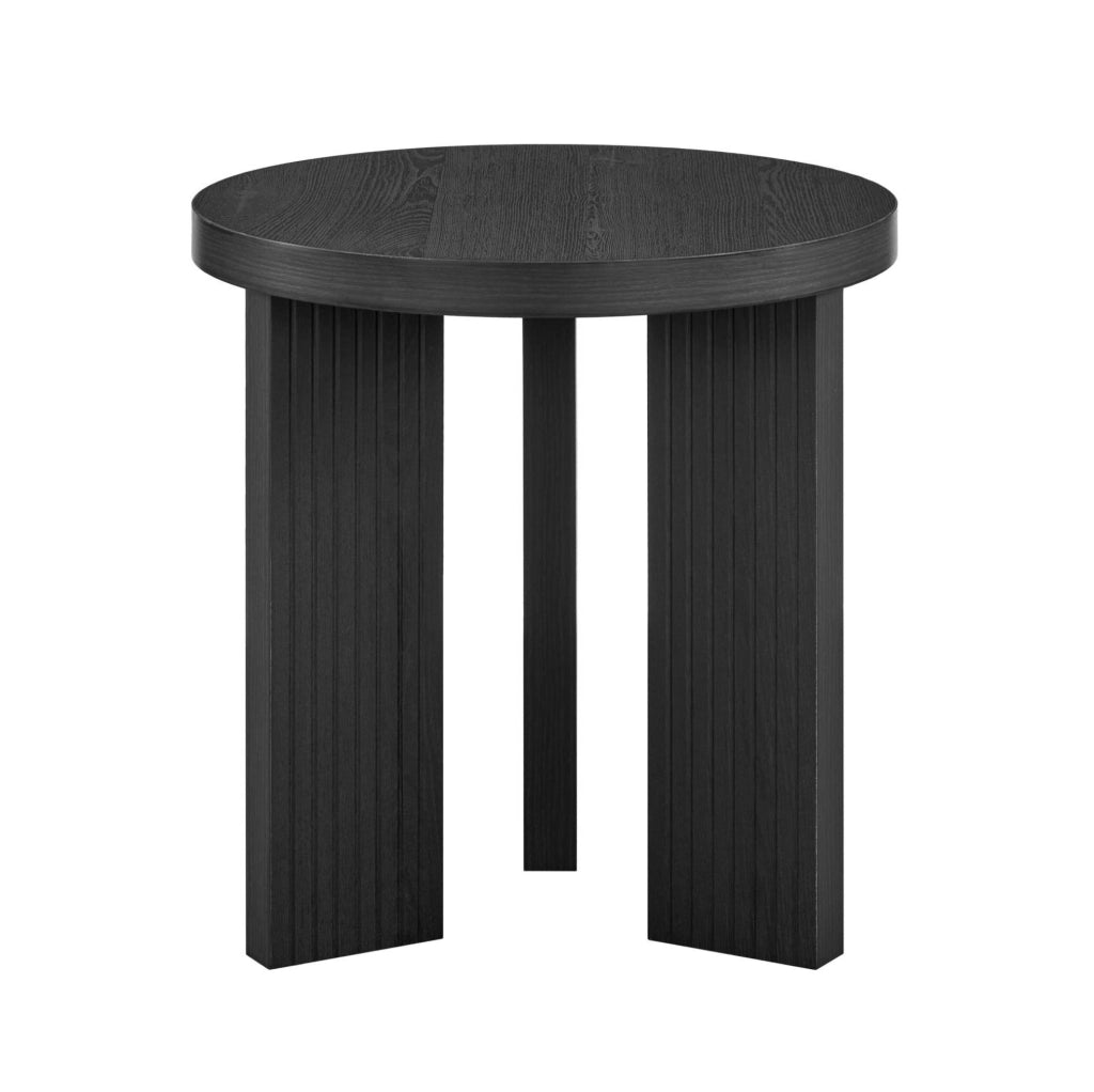 Tavolino rotondo da salotto in MDF nero con struttura a tre gambe, compatto e versatile