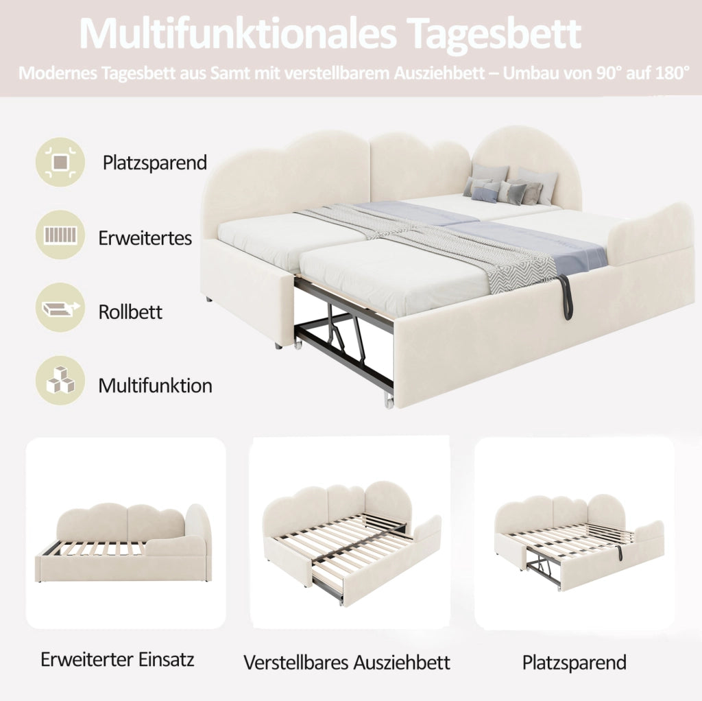 Letto imbottito a L con letto estraibile in velluto beige