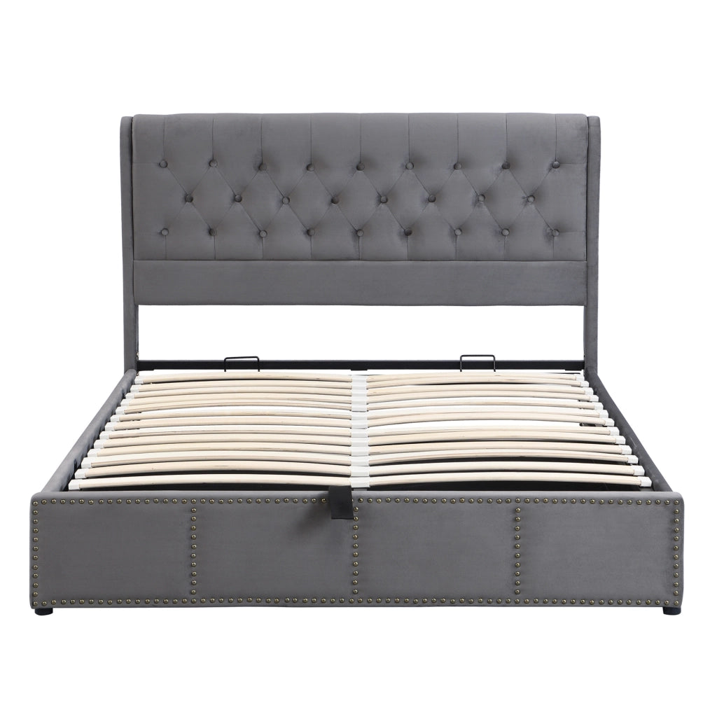 Letto matrimoniale 140x200 cm con contenitore e panca; velluto grigio