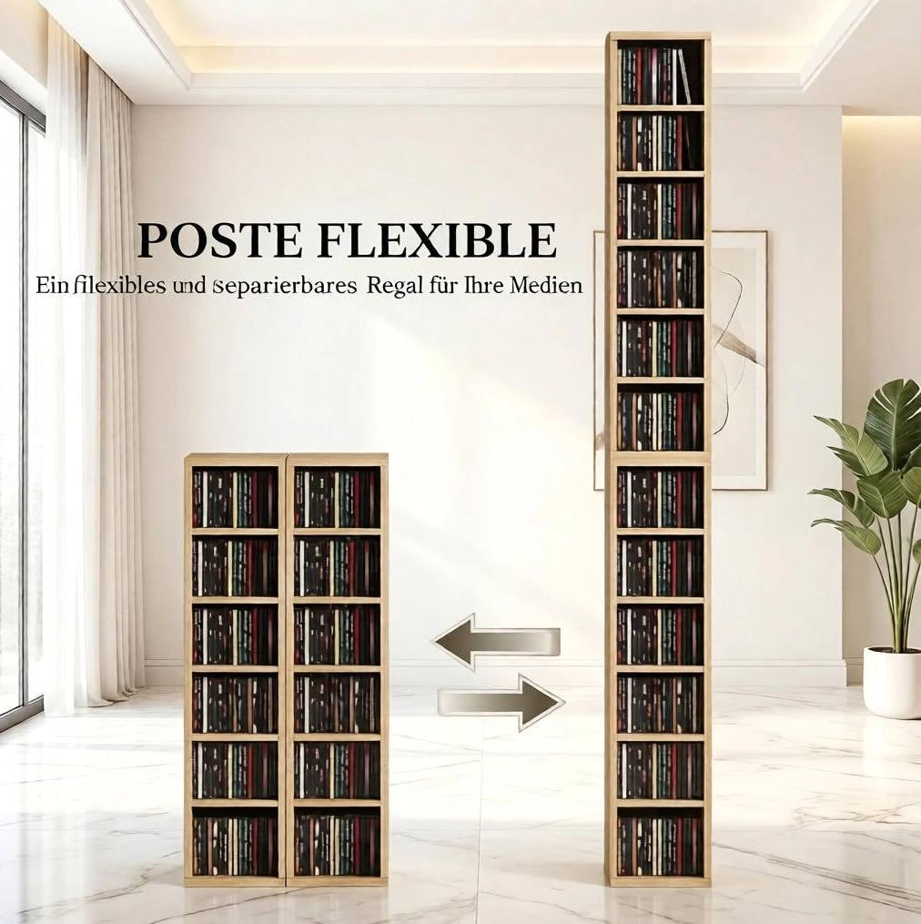 Set di 2 armadietti porta CD con colonne a scaffale, 12 scomparti, 21x22,5x88,5 cm, capacità 204 CD, colore rovere