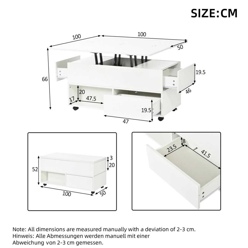Tavolino da salotto elevabile 100x50 cm con 4 cassetti e ruote bianco HOMVRA