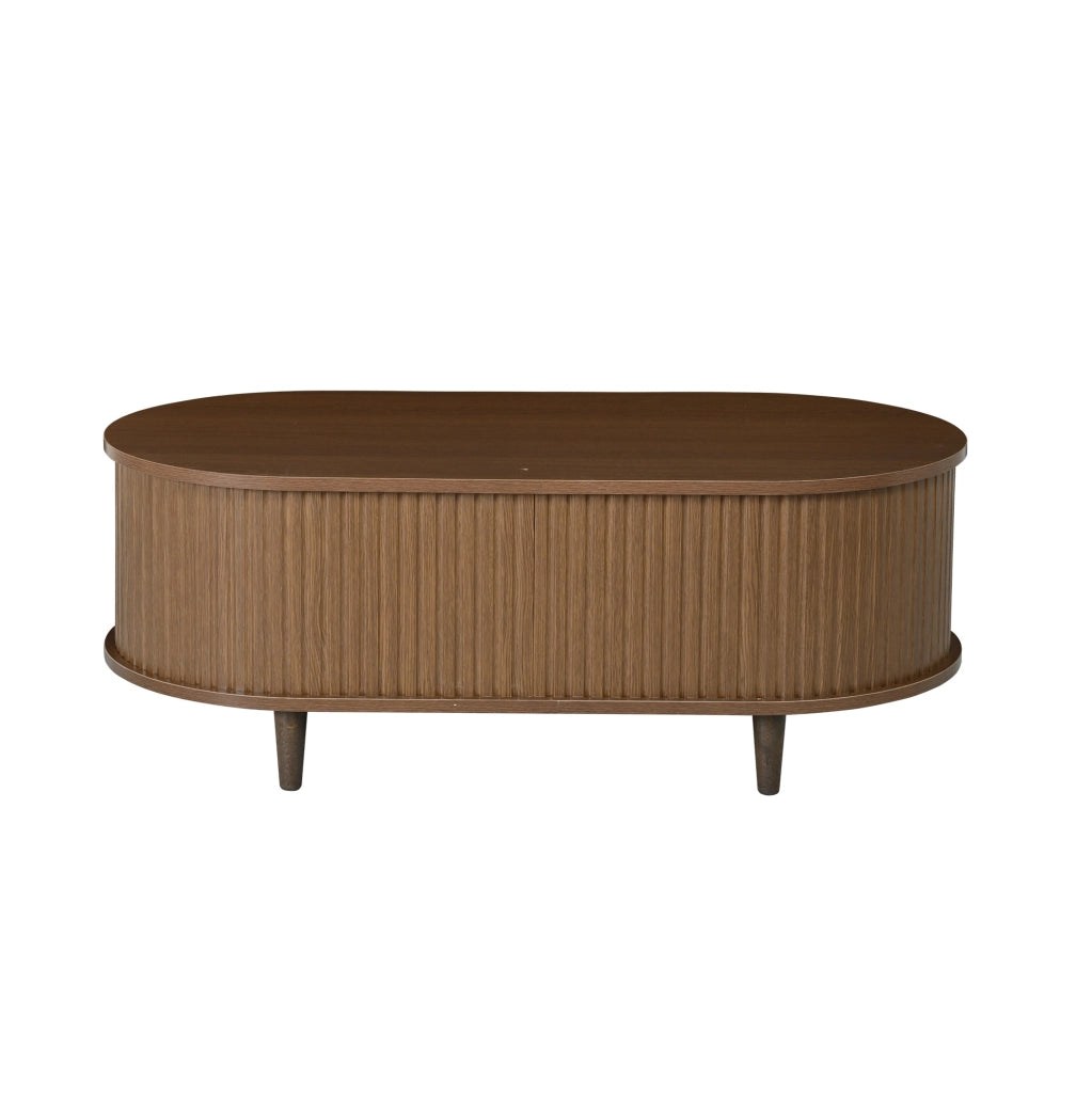 Tavolino da caffè ovale 100x50x36 cm in MDF color noce con 1 cassetto e anta a rullo