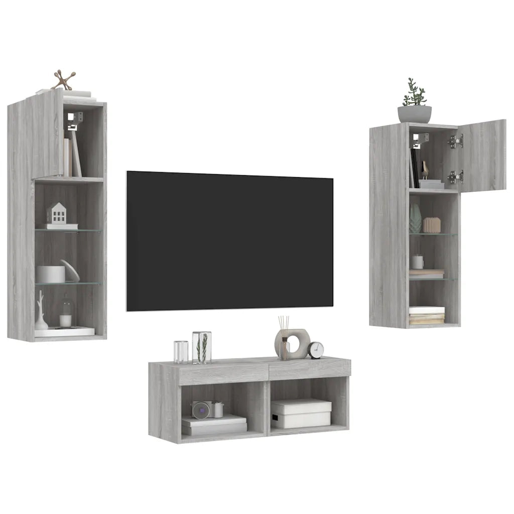 Mobili TV a Muro 4 pz-Credenza per TV con Luci LED Grigio Sonoma 529161