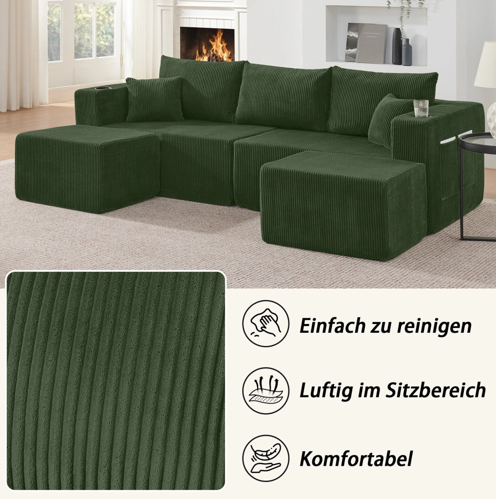 Divano angolare modulare 3 posti in tessuto vellutato beige con pouf mobili, portabicchieri e tasche laterali