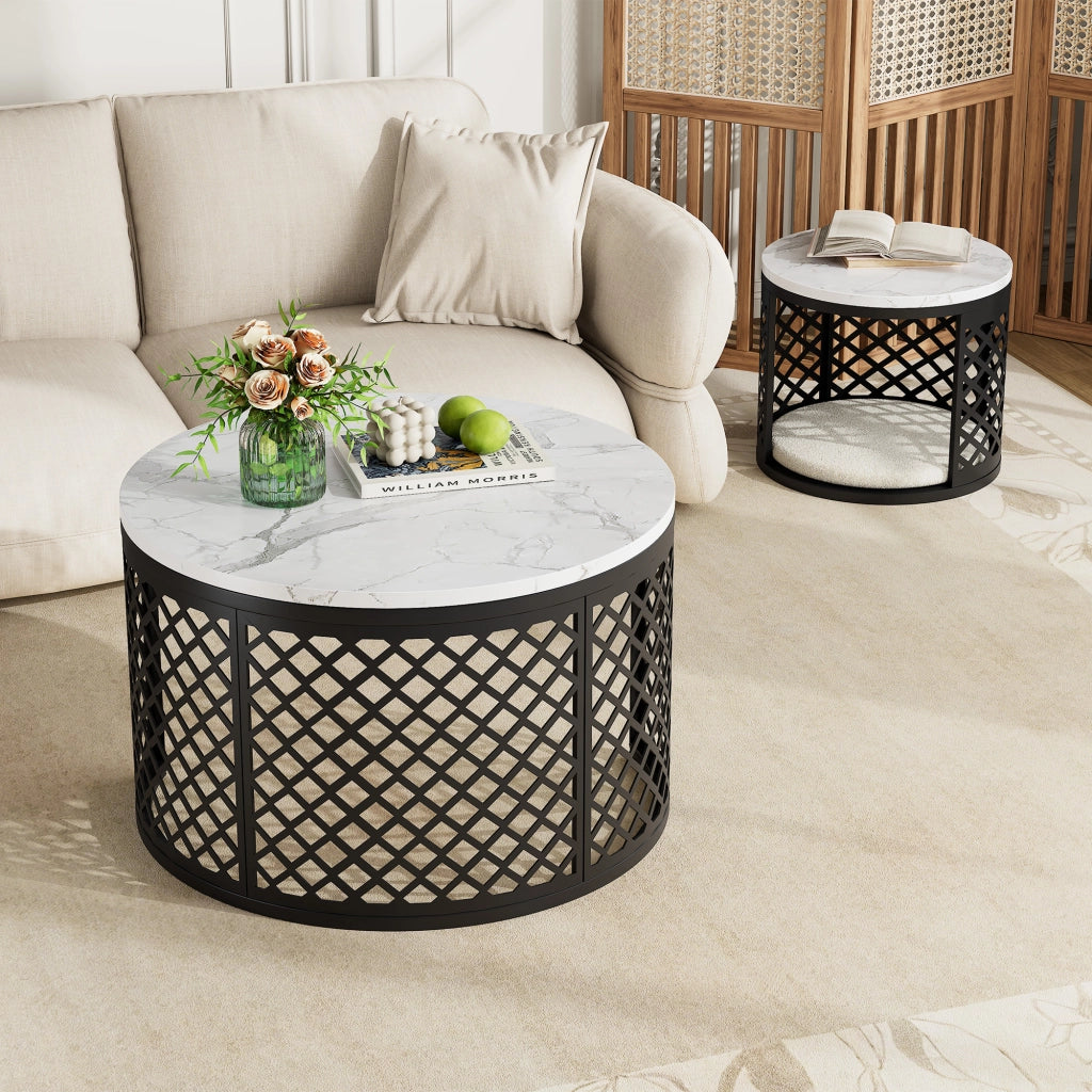 Set 2 tavolini da caffè rotondi 70 e 45 cm con spazio per animali; MDF e metallo bianco