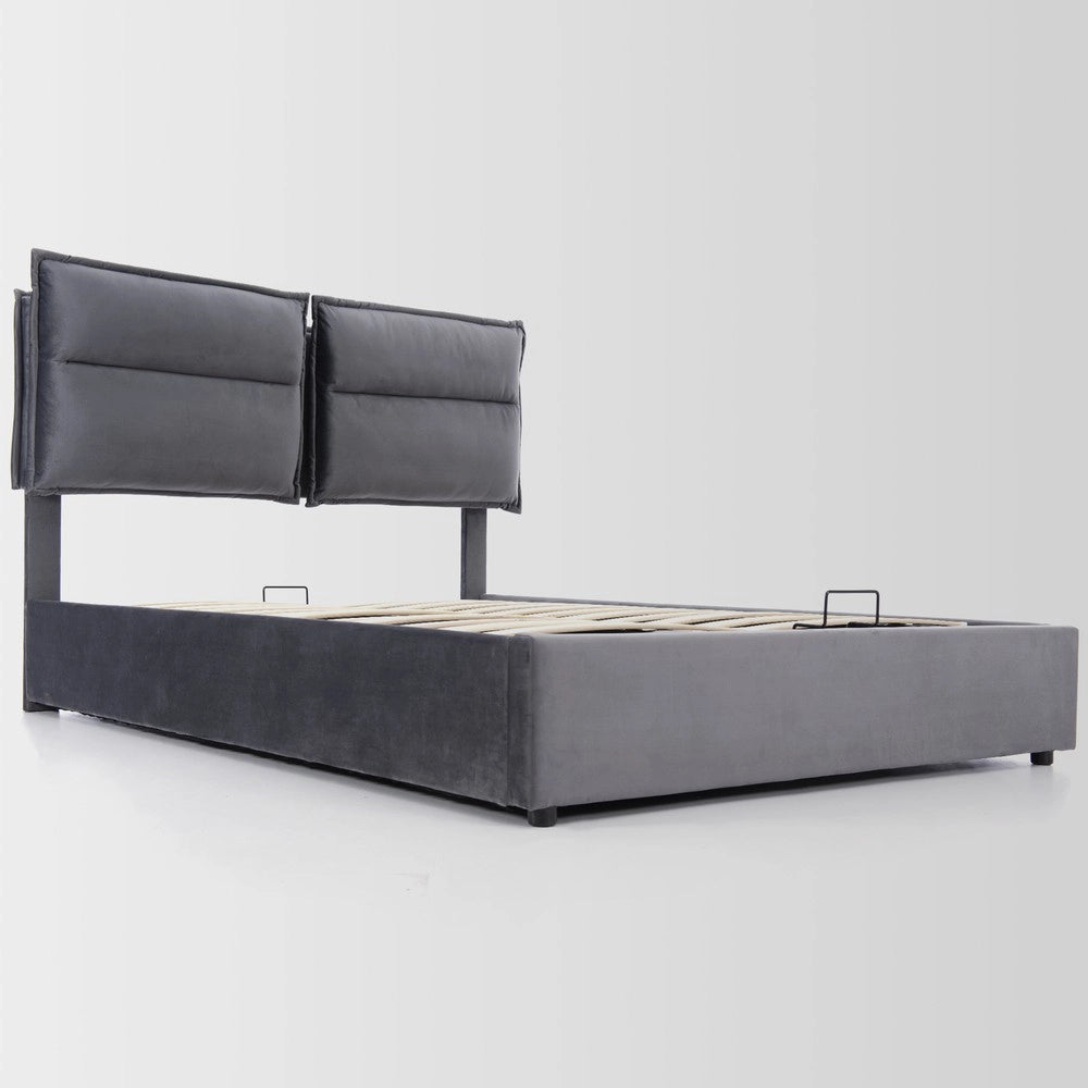 Letto imbottito contenitore matrimoniale ¨C Minimal ¨C Grigio velluto 140x200 cm con rete a doghe in metallo