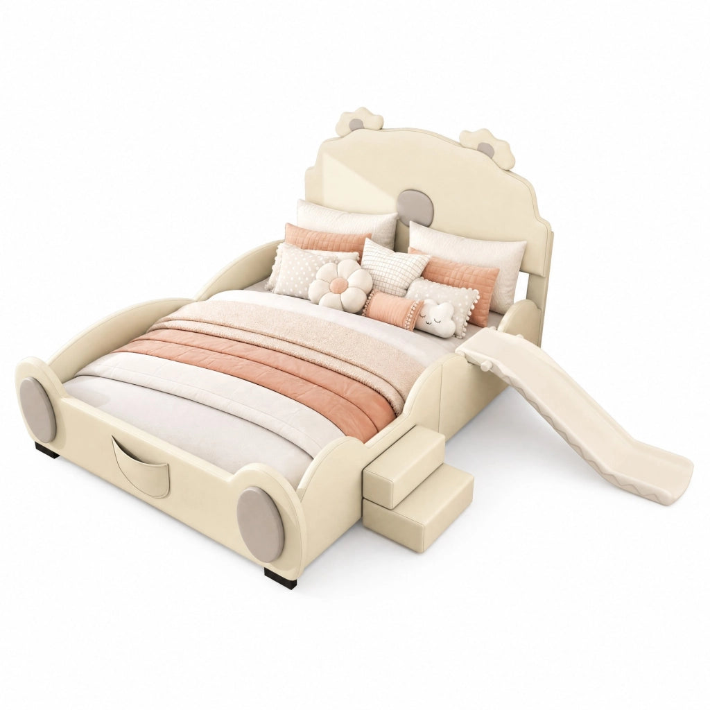 Letto per bambini 140x200 cm a forma di orso con scivolo e scala, materiale PU e MDF, beige