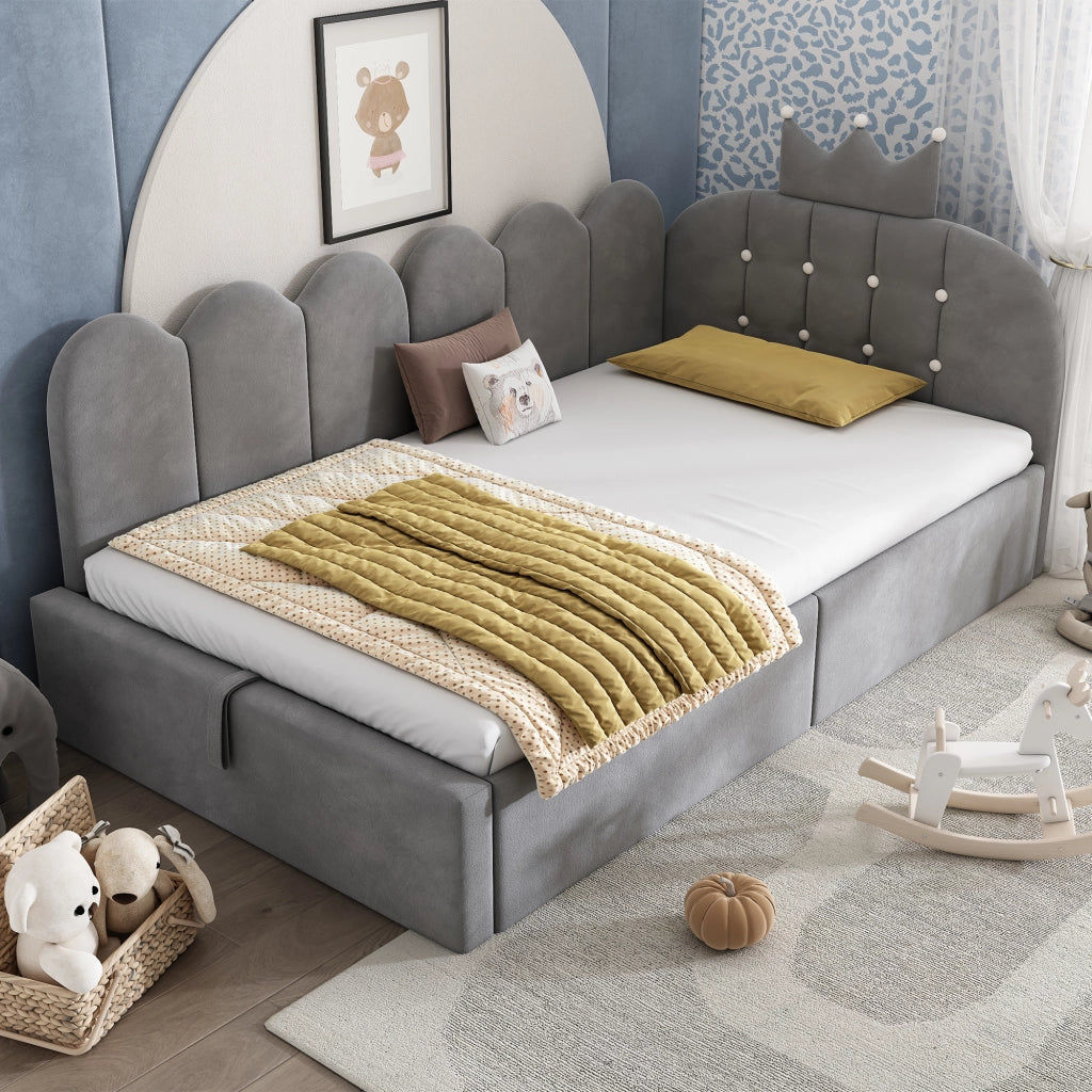 Letto singolo con contenitore idraulico 90x190 cm; design a corona; in velluto grigio