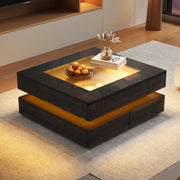 Tavolino basso quadrato con LED e 3 cassetti, piano in vetro temperato e finitura lucida nera 70 × 70 × 35 cm