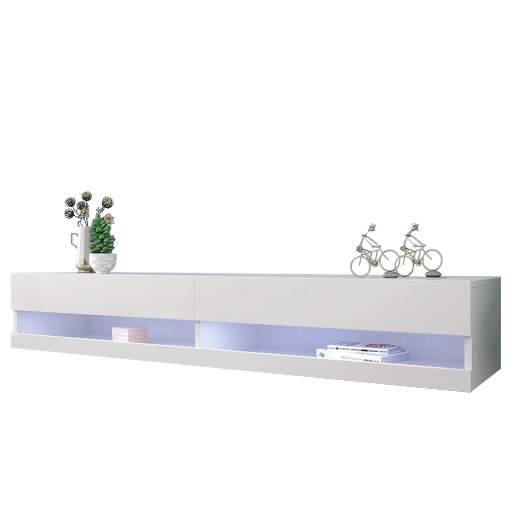 Mobile TV sospeso con illuminazione LED e frontali lucidi; 140 x 40 x 30;5 cm; bianco