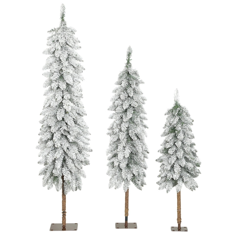 Alberi di Natale artificiali innevati, 3 pezzi da 90, 120 e 150 cm in plastica bianco e verde, salvaspazio e ignifughi