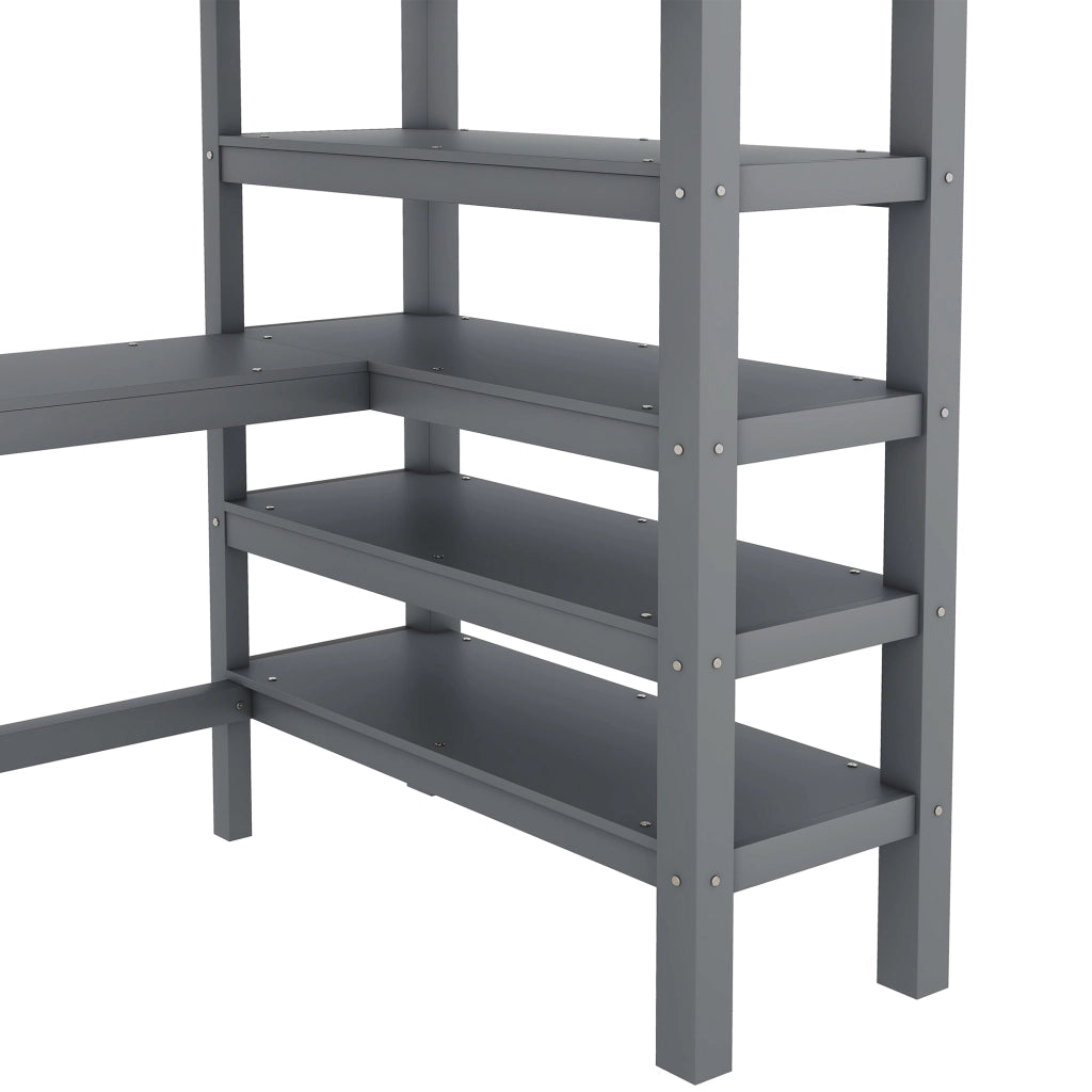 Letto a soppalco 90 × 200 cm con scrivania e ripiani integrati in legno e MDF grigio