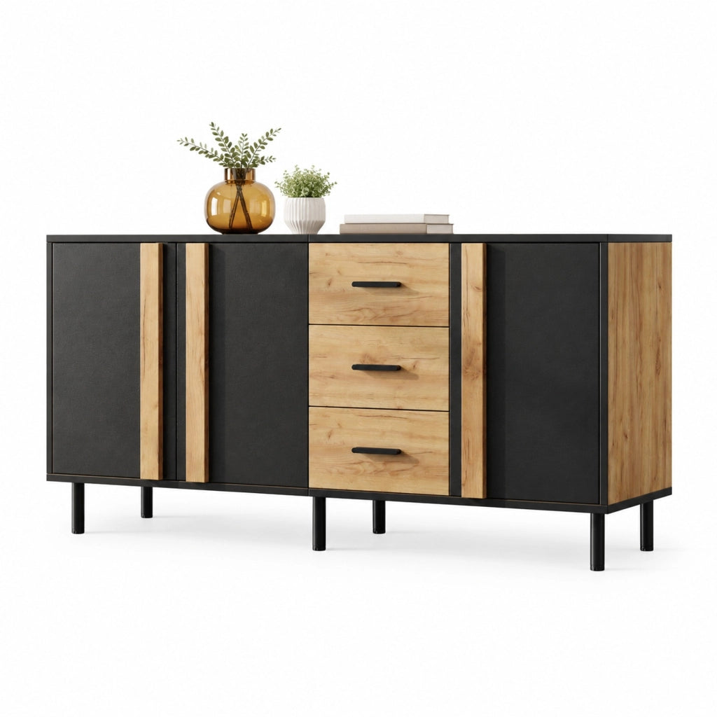 Credenza e madia con 3 ante e 3 cassetti, 6 gambe in metallo, per soggiorno, in MDF nero e legno, 140 × 35 × 70 cm