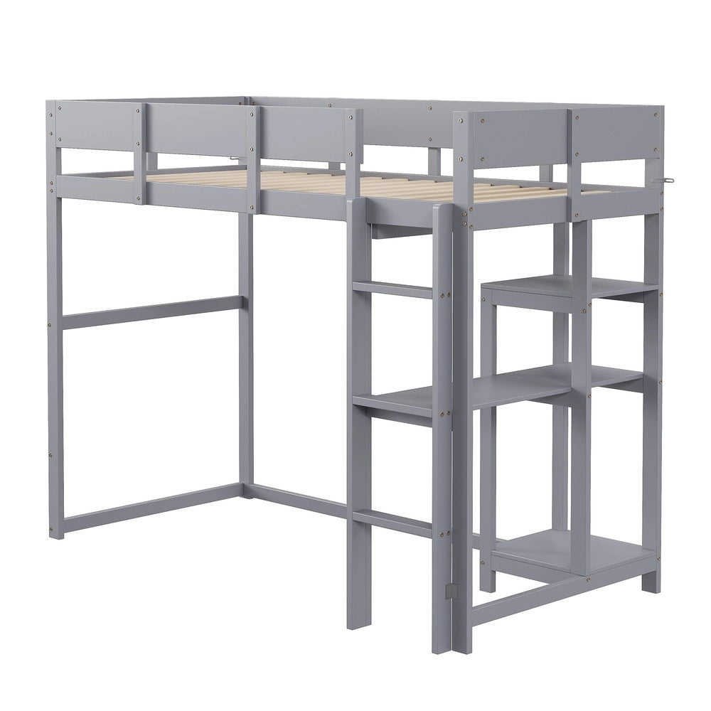 Letto a Soppalco con Ripiano ¨C Xylo ¨C Pino Massello, Grigio, 90x200