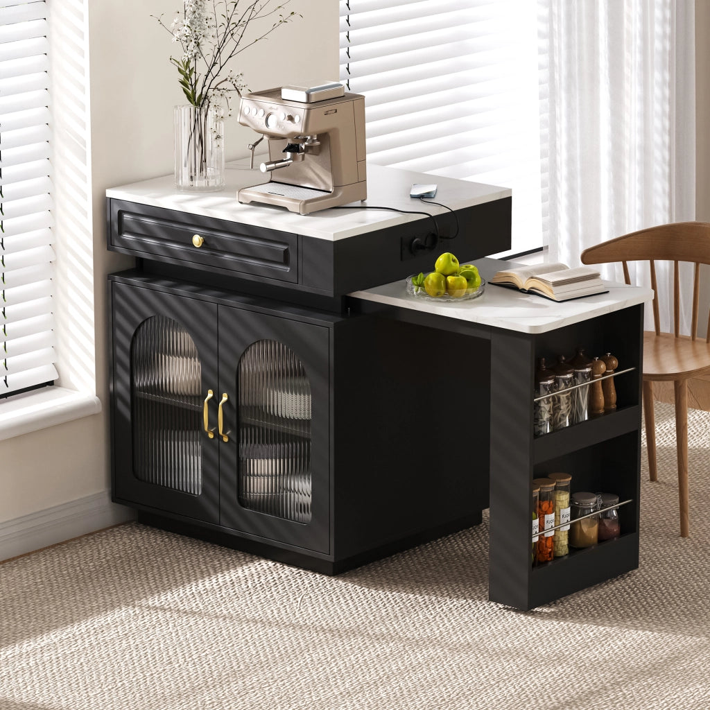 Isola Cucina con Ruote e Tavolo da Pranzo Allungabile; Tavolo Bar con Prese e LED; Nero